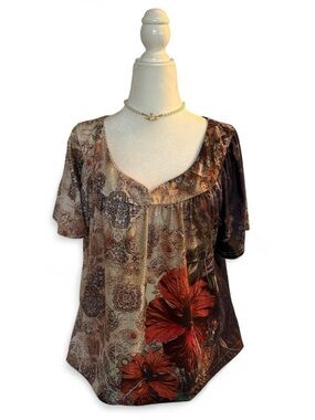 Women's Brown Floral Scoop-Neck Short Sleeve Top